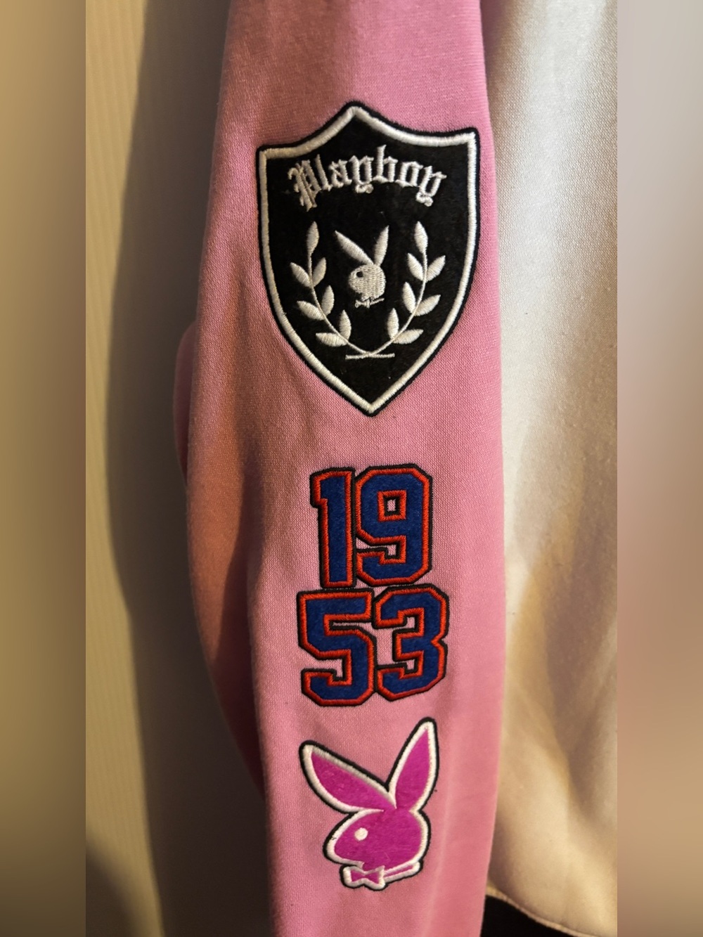 PLAYBOY Cream & Pink Letterman Jacket with Black Trim - Picture 4 of 6